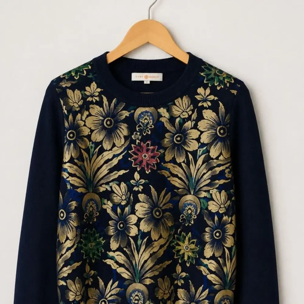 Tory Burch Hollis Metallic Floral Velvet Panel Sweater – Size Small